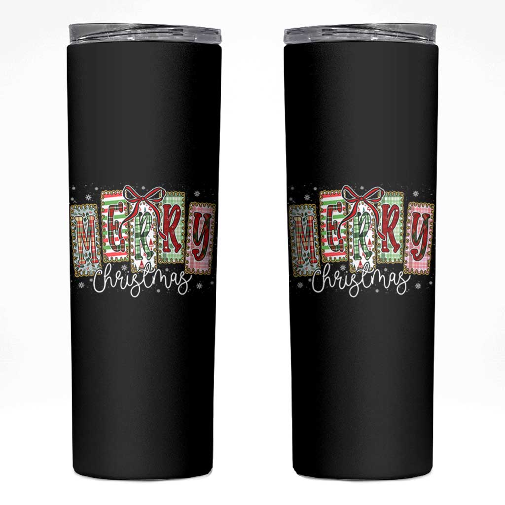Merry Christmas Coquette Xmas Faux Glitter Gingham Tartan Doodle Skinny Tumbler - Wonder Print Shop
