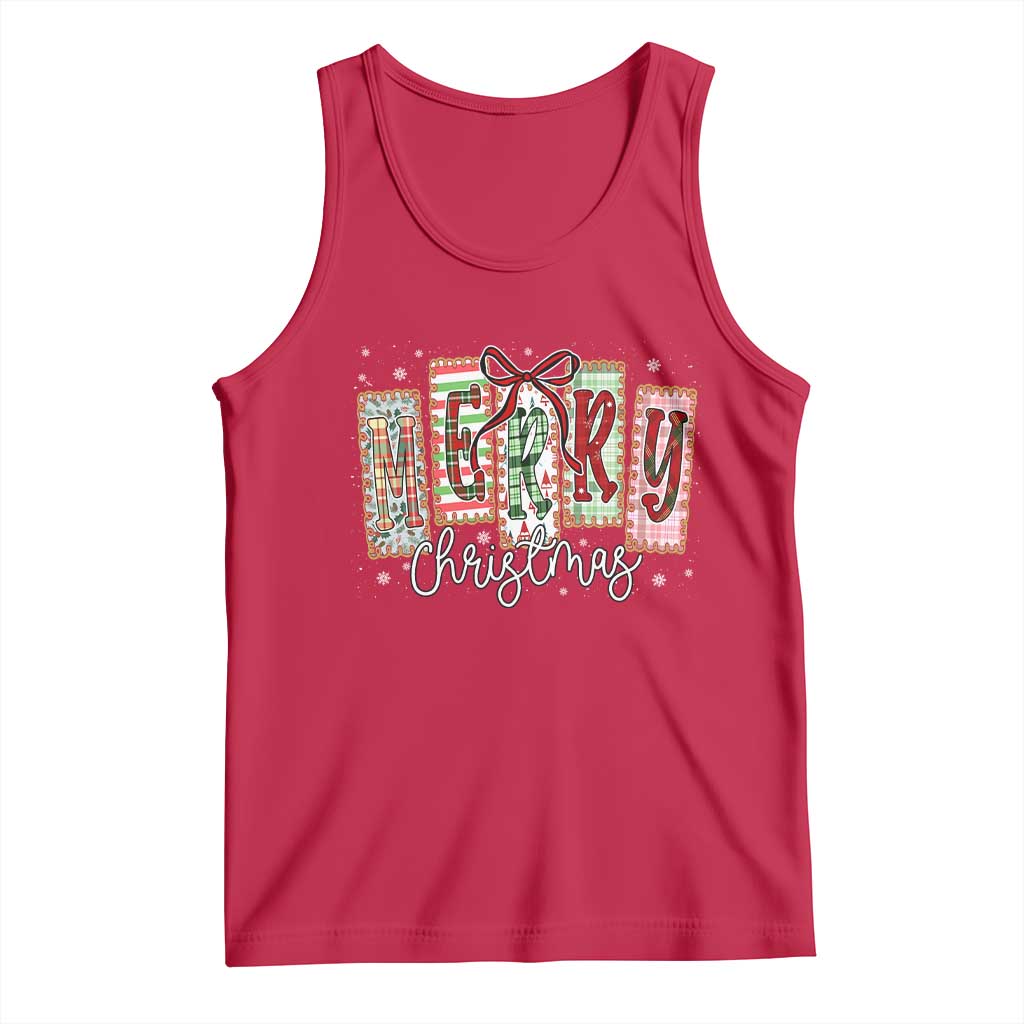 Merry Christmas Coquette Xmas Faux Glitter Gingham Tartan Doodle Tank Top - Wonder Print Shop