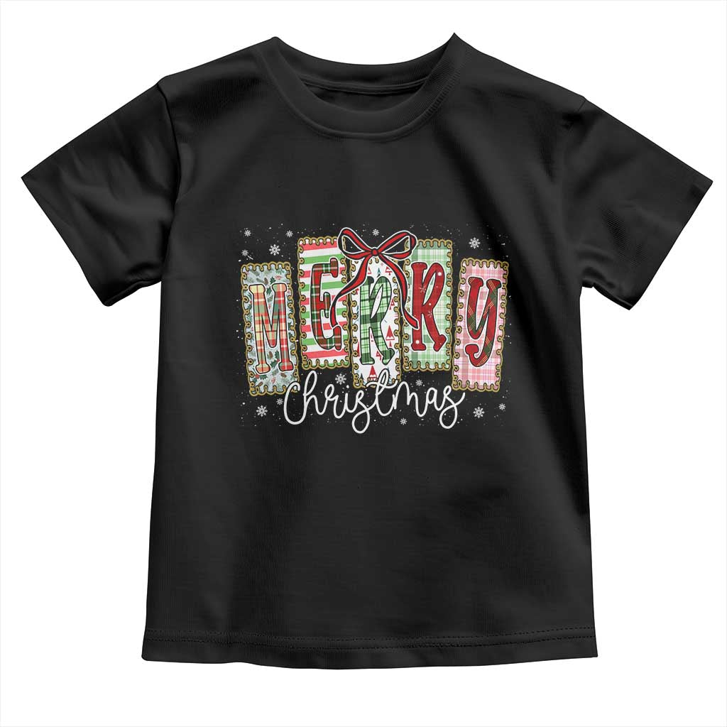 Merry Christmas Coquette Xmas Faux Glitter Gingham Tartan Doodle Toddler T Shirt - Wonder Print Shop