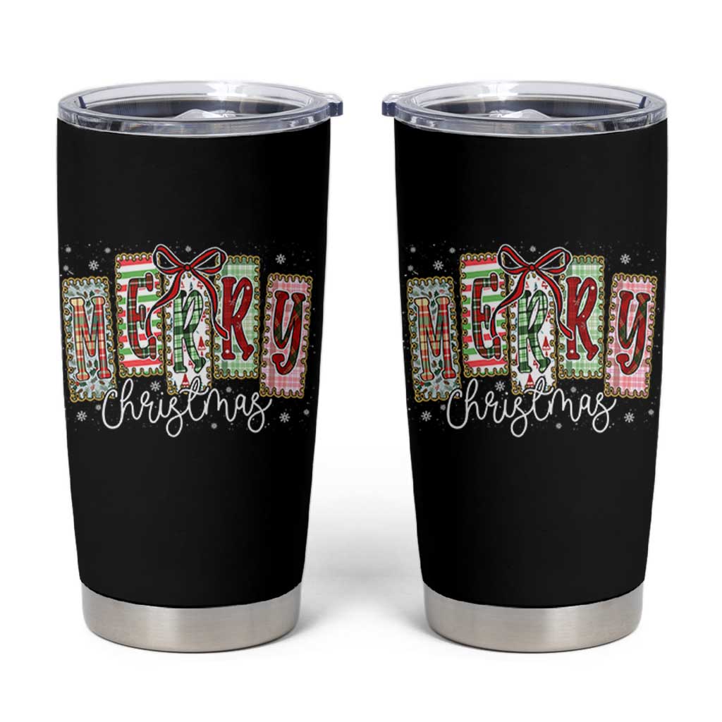 Merry Christmas Coquette Xmas Faux Glitter Gingham Tartan Doodle Tumbler Cup - Wonder Print Shop