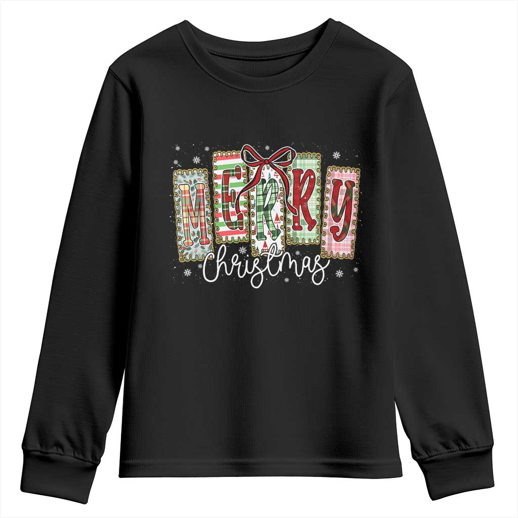 Merry Christmas Coquette Xmas Faux Glitter Gingham Tartan Doodle Youth Sweatshirt - Wonder Print Shop