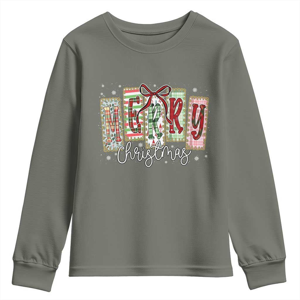 Merry Christmas Coquette Xmas Faux Glitter Gingham Tartan Doodle Youth Sweatshirt - Wonder Print Shop