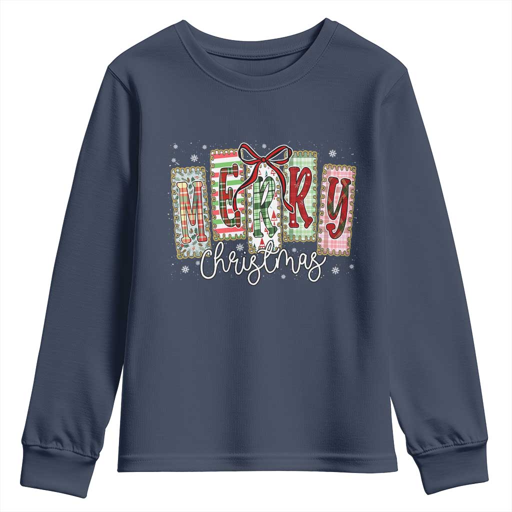 Merry Christmas Coquette Xmas Faux Glitter Gingham Tartan Doodle Youth Sweatshirt - Wonder Print Shop