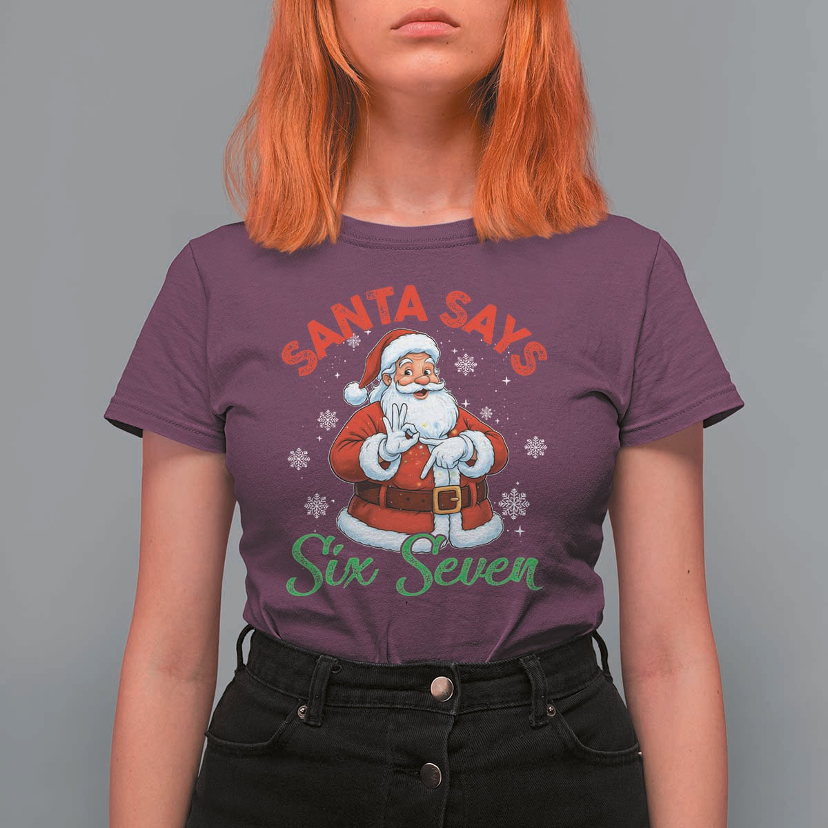 Funny Santa Says Six Seven T Shirt For Women Christmas 67 Meme Santa Gen Alpha Slang - Wonder Print Shop