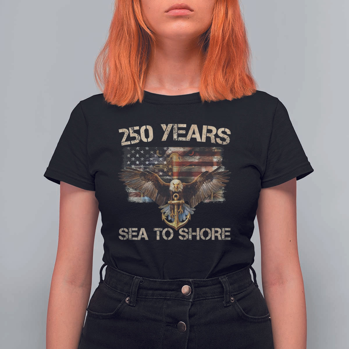 US Navy Military 250th Anniversary T Shirt For Women 250 Years Sea To Shore Bald Eagle - Wonder Print Shop