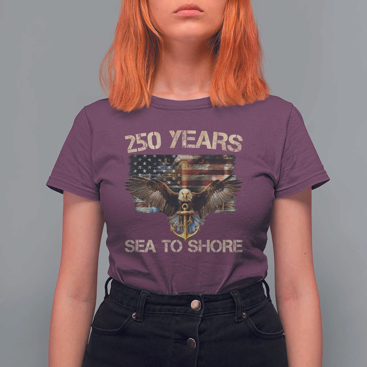 US Navy Military 250th Anniversary T Shirt For Women 250 Years Sea To Shore Bald Eagle - Wonder Print Shop