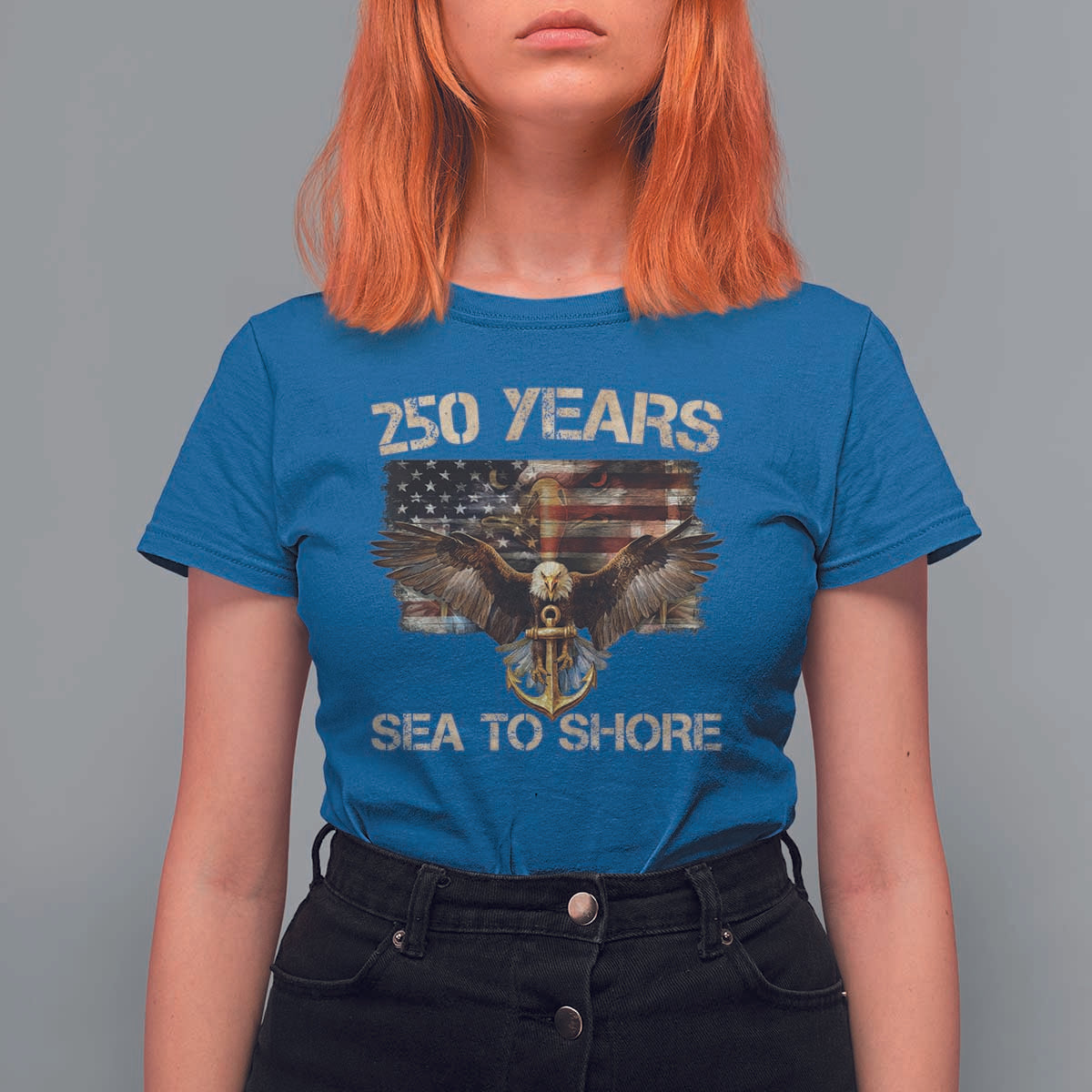 US Navy Military 250th Anniversary T Shirt For Women 250 Years Sea To Shore Bald Eagle - Wonder Print Shop