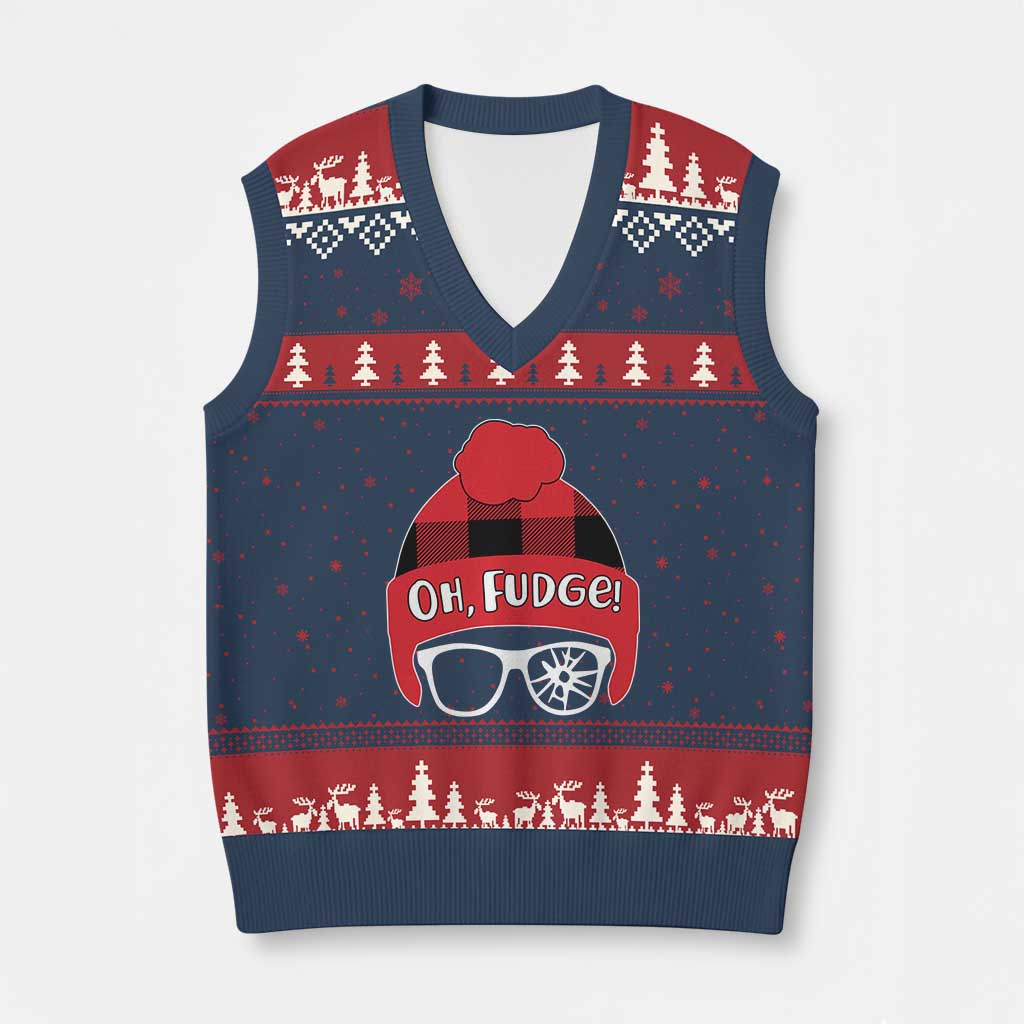 Funny Xmas Movie V-Neck Knit Sweater Vest Oh Fudge Buffalo Plaid Printed Graphic Beanie Cap - Wonder Print Shop