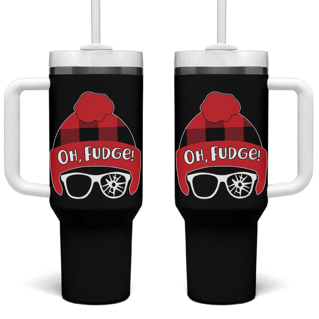 Funny Christmas Movie Tumbler With Handle Oh Fudge Buffalo Plaid Printed Graphic Beanie Cap - Wonder Print Shop