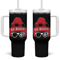 Funny Christmas Movie Tumbler With Handle Oh Fudge Buffalo Plaid Printed Graphic Beanie Cap - Wonder Print Shop