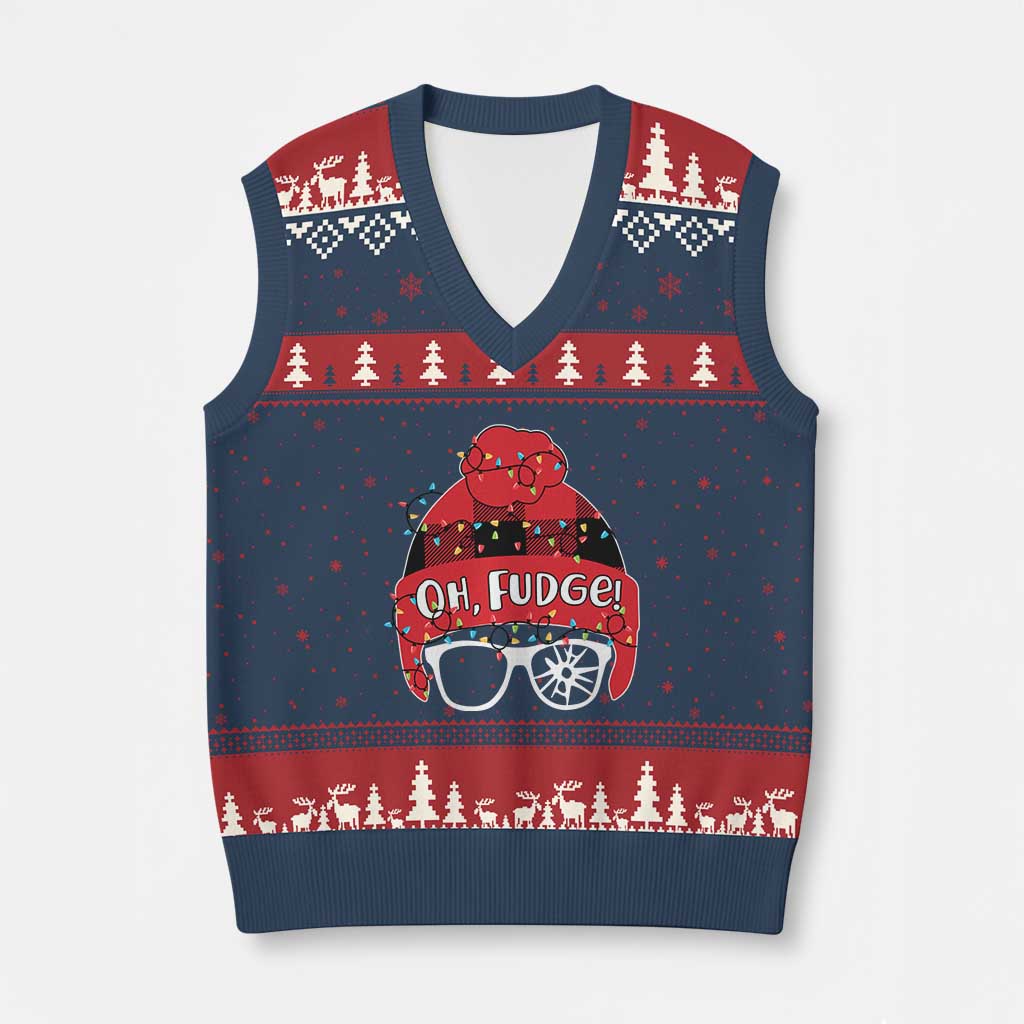 Funny Xmas Movie V-Neck Knit Sweater Vest Oh Fudge Buffalo Plaid Printed Graphic Beanie Cap Xmas Light - Wonder Print Shop