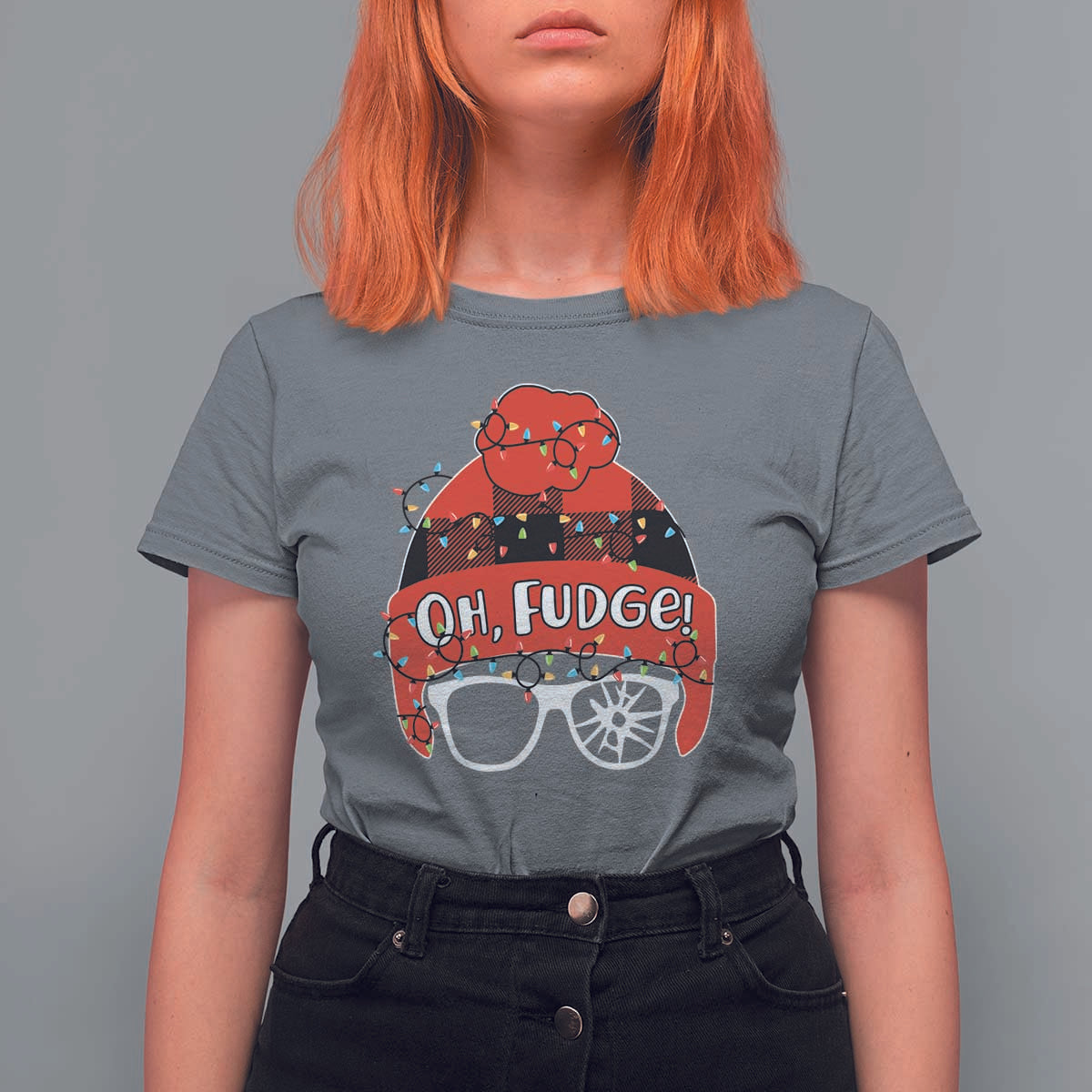 Funny Christmas Movie T Shirt For Women Oh Fudge Buffalo Plaid Printed Graphic Beanie Cap Xmas Light - Wonder Print Shop