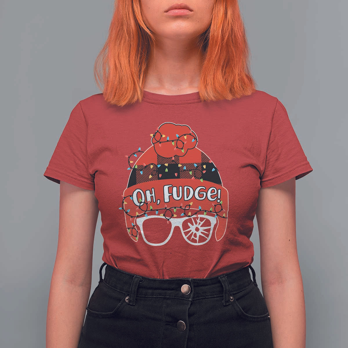 Funny Christmas Movie T Shirt For Women Oh Fudge Buffalo Plaid Printed Graphic Beanie Cap Xmas Light - Wonder Print Shop