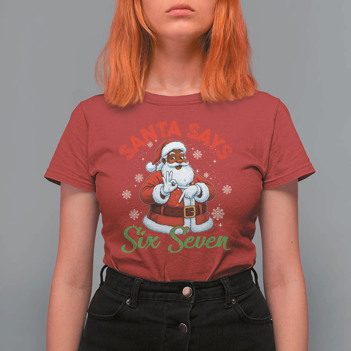 Funny Black Santa Says Six Seven T Shirt For Women Christmas 67 Meme African American Santa Gen Alpha Slang - Wonder Print Shop