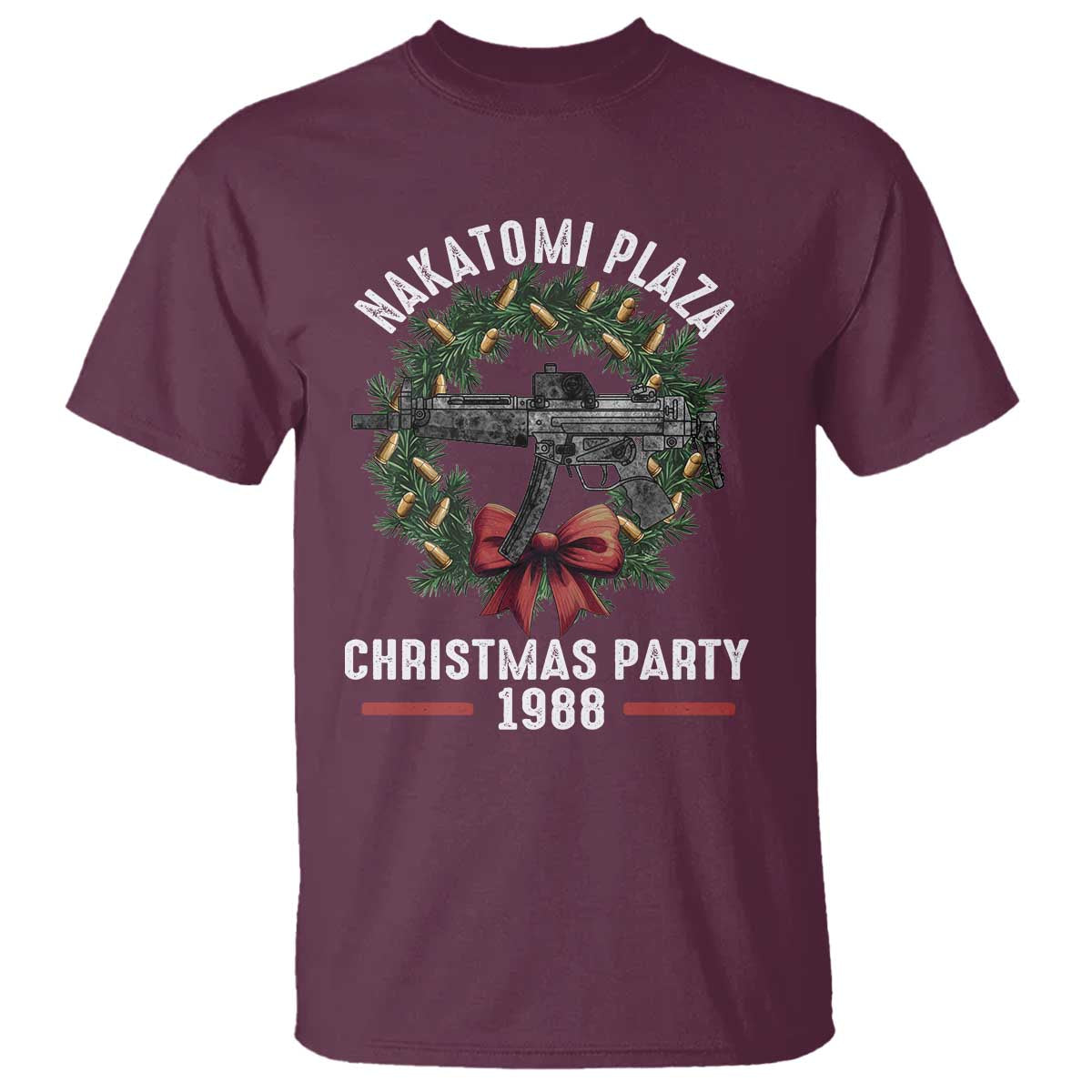 Funny Nakatomi Plaza T Shirt Christmas Party 1988 Xmas Bullet Gun Wreath - Wonder Print Shop