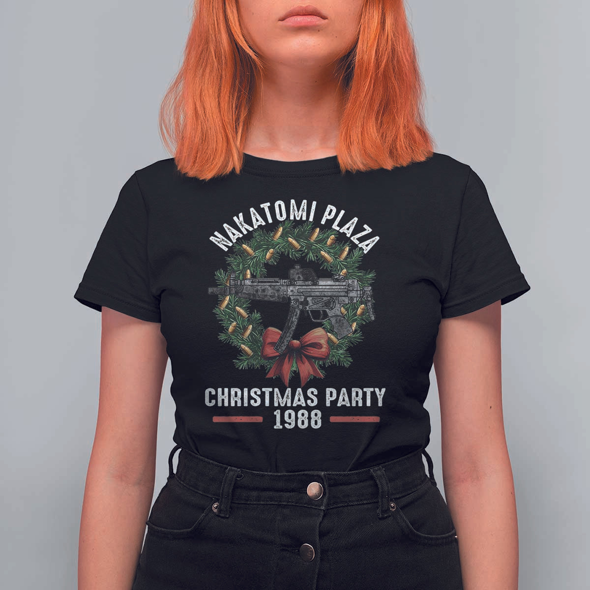 Funny Nakatomi Plaza T Shirt For Women Christmas Party 1988 Xmas Bullet Gun Wreath - Wonder Print Shop