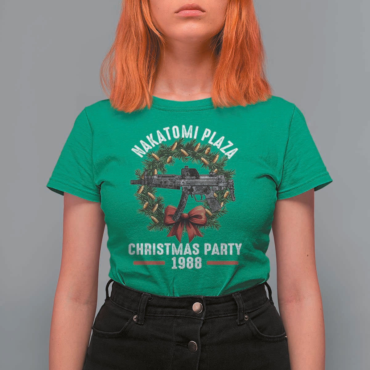 Funny Nakatomi Plaza T Shirt For Women Christmas Party 1988 Xmas Bullet Gun Wreath - Wonder Print Shop