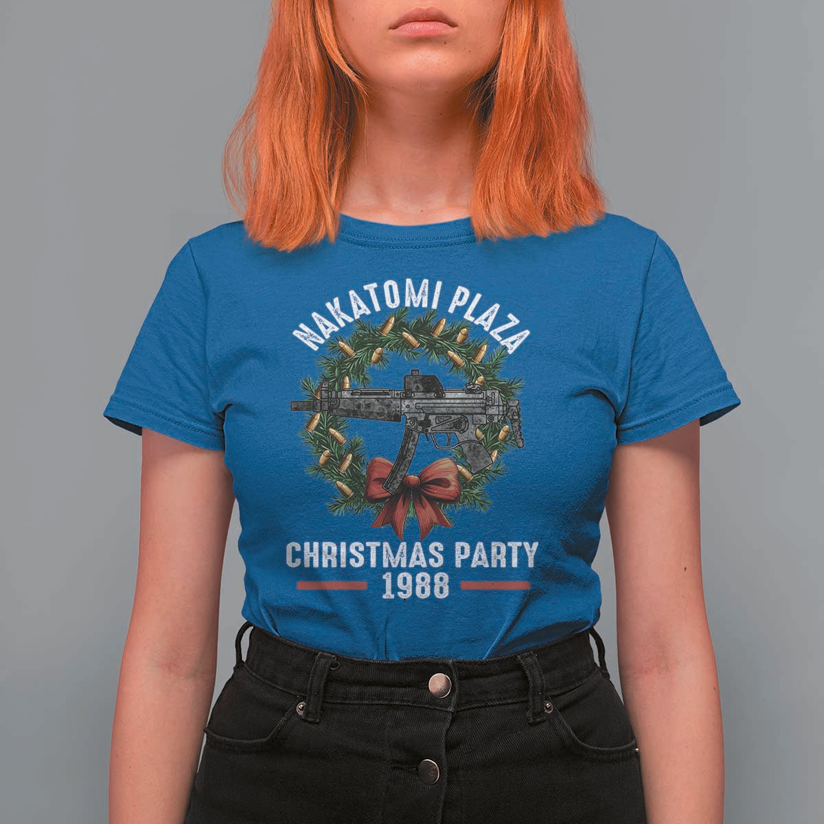 Funny Nakatomi Plaza T Shirt For Women Christmas Party 1988 Xmas Bullet Gun Wreath - Wonder Print Shop