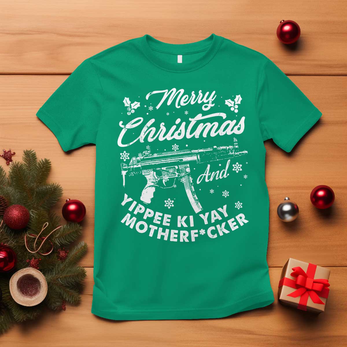 Funny Nakatomi Plaza T Shirt Merry Christmas And Yippee Ki Yay Snowflake Gun - Wonder Print Shop