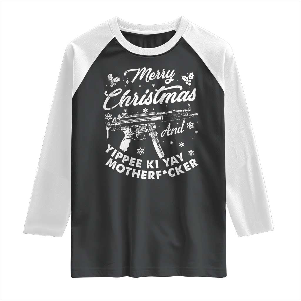Funny Nakatomi Plaza Raglan Shirt Merry Christmas And Yippee Ki Yay Snowflake Gun - Wonder Print Shop