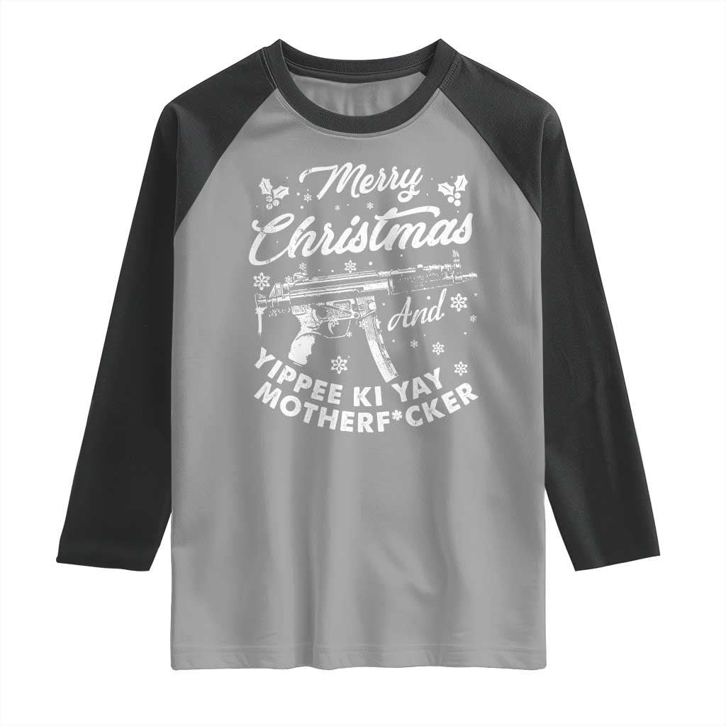 Funny Nakatomi Plaza Raglan Shirt Merry Christmas And Yippee Ki Yay Snowflake Gun - Wonder Print Shop