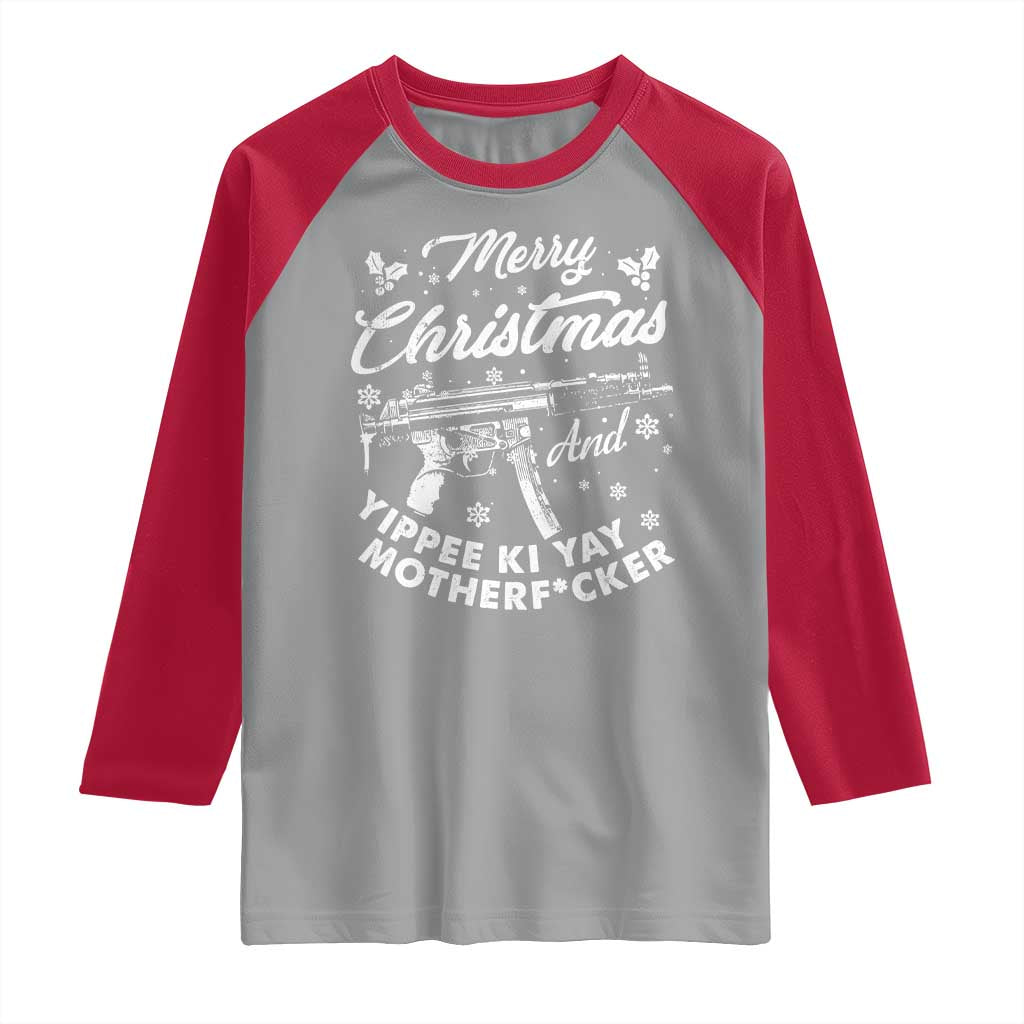 Funny Nakatomi Plaza Raglan Shirt Merry Christmas And Yippee Ki Yay Snowflake Gun - Wonder Print Shop