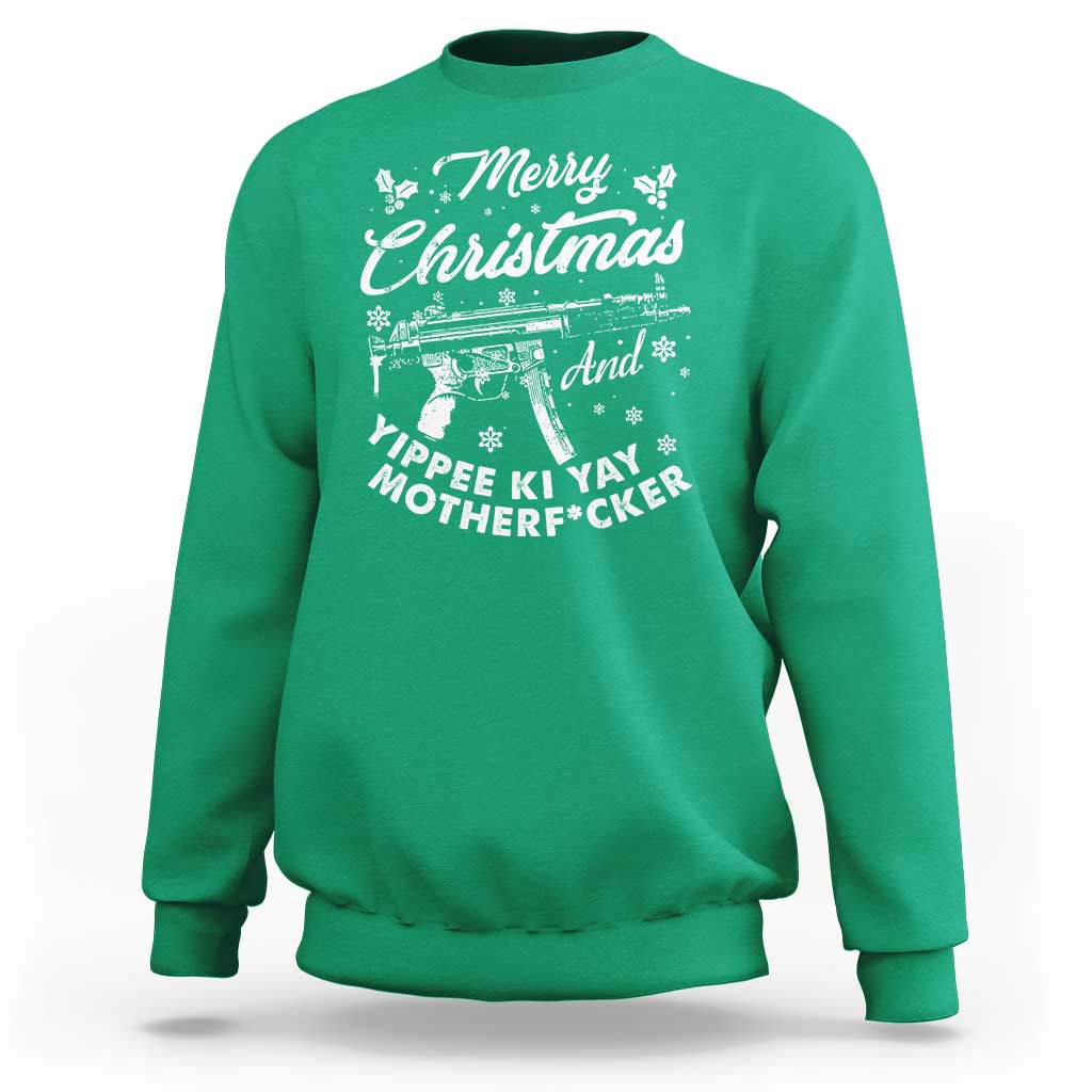 Funny Nakatomi Plaza Sweatshirt Merry Christmas And Yippee Ki Yay Snowflake Gun - Wonder Print Shop