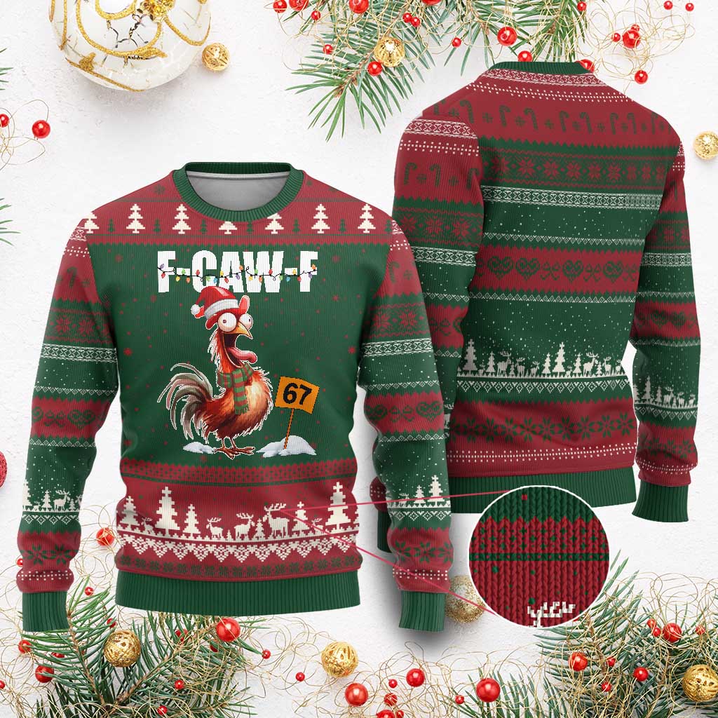 Funny F Caw F 67 Meme Xmas Ugly Christmas Sweater Xmas Cartoon Rooster Chicken Poultry Humor - Wonder Print Shop