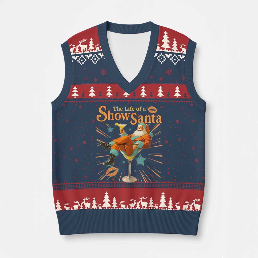 The Life Of The Show Santa V-Neck Knit Sweater Vest Funny Xmas Orange Santa - Wonder Print Shop