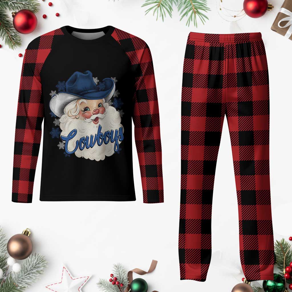 Christmas Cowboys Fan Plaid Pajama Set Funny Xmas American Football Blue Santa - Wonder Print Shop