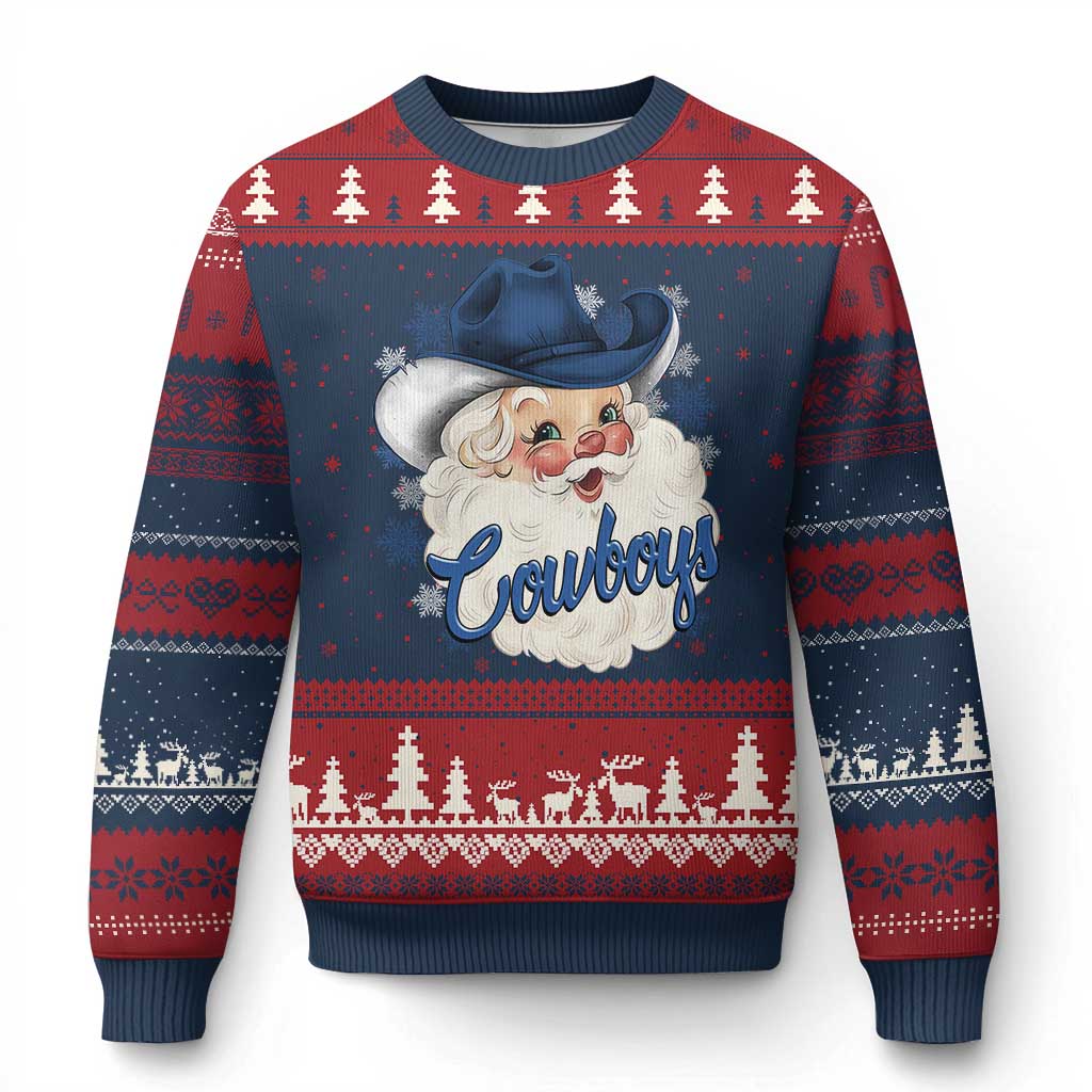 Xmas Cowboys Fan Ugly Christmas Sweater Funny Xmas American Football Blue Santa - Wonder Print Shop