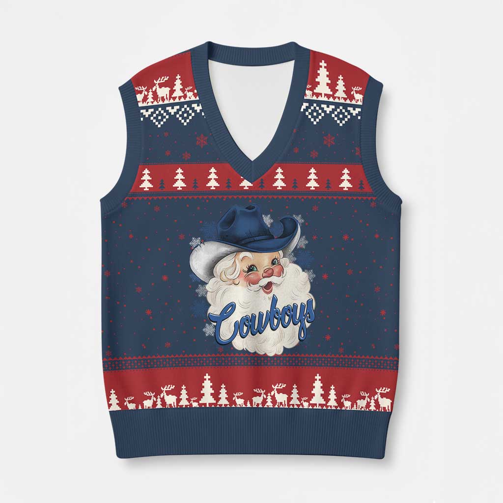 Xmas Cowboys Fan V-Neck Knit Sweater Vest Funny Xmas American Football Blue Santa - Wonder Print Shop