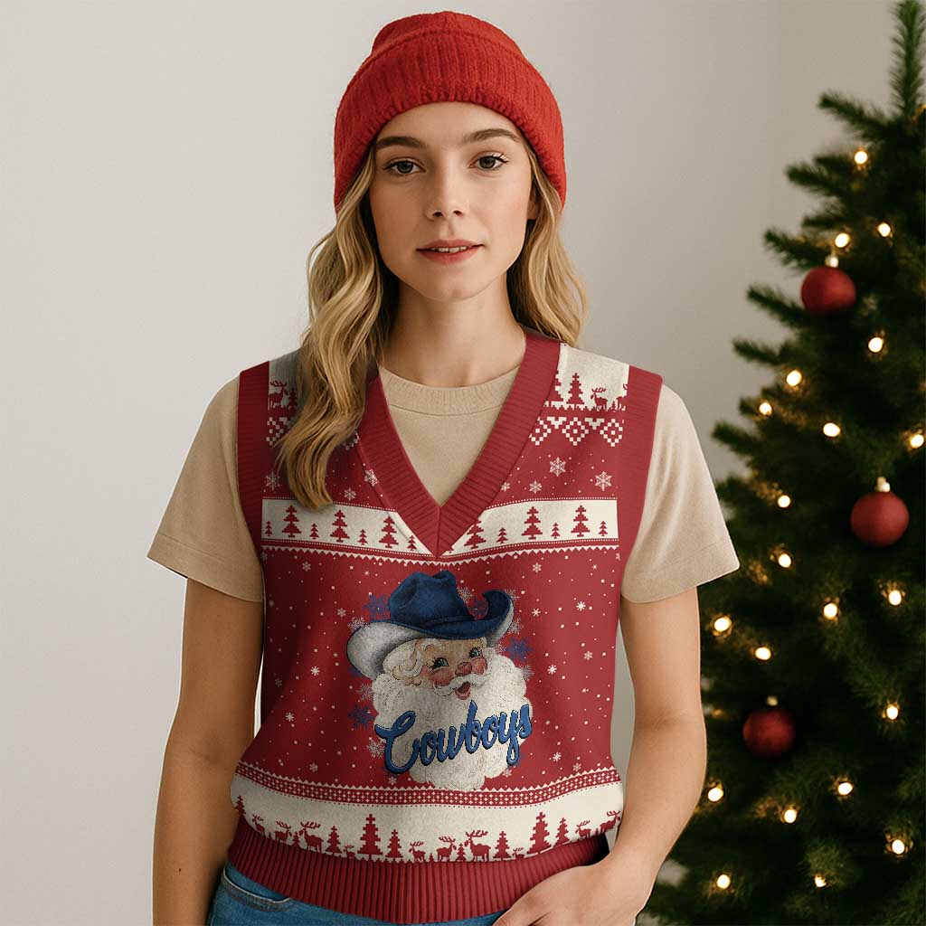 Xmas Cowboys Fan V-Neck Knit Sweater Vest Funny Xmas American Football Blue Santa - Wonder Print Shop