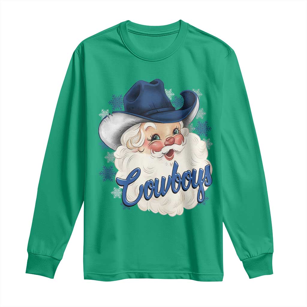 Christmas Cowboys Fan Long Sleeve Shirt Funny Xmas American Football Blue Santa - Wonder Print Shop