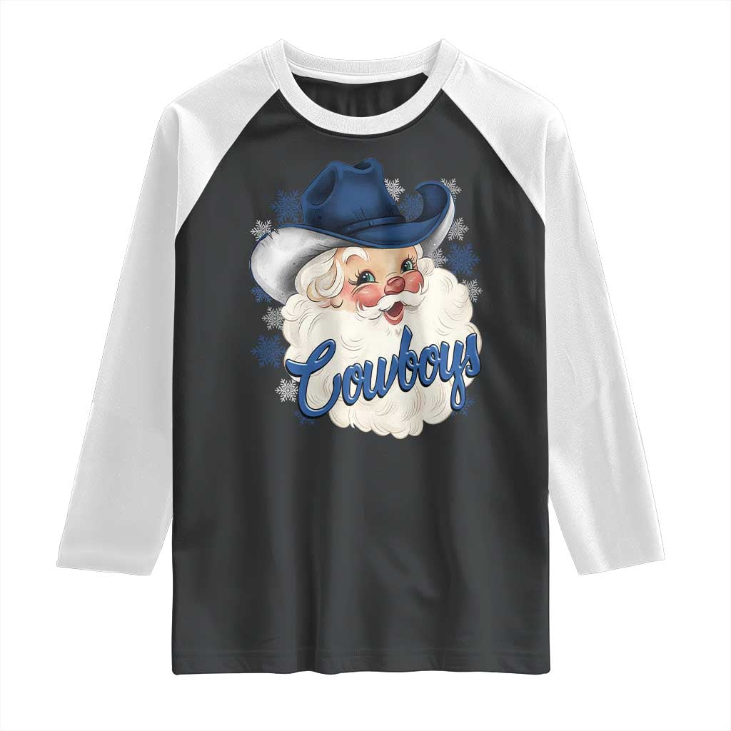 Christmas Cowboys Fan Raglan Shirt Funny Xmas American Football Blue Santa - Wonder Print Shop