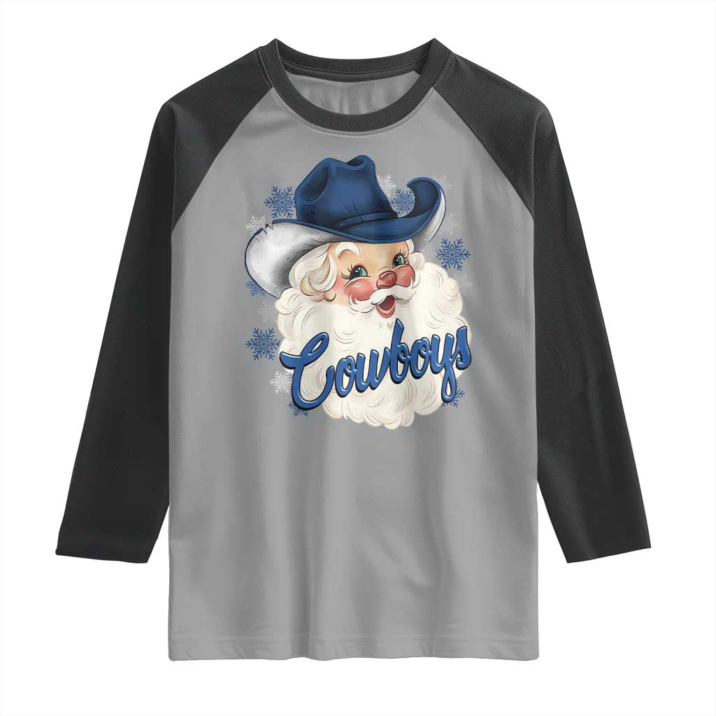 Christmas Cowboys Fan Raglan Shirt Funny Xmas American Football Blue Santa - Wonder Print Shop