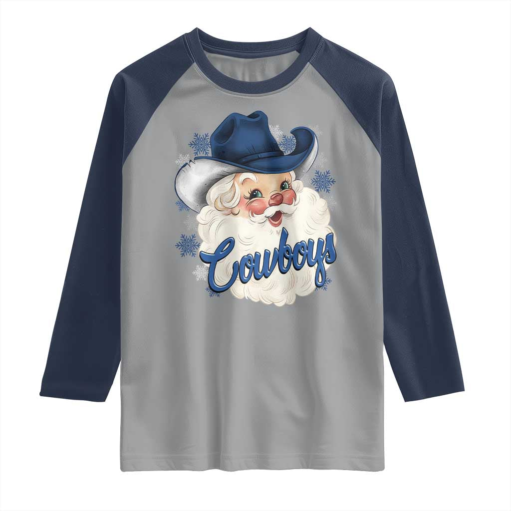Christmas Cowboys Fan Raglan Shirt Funny Xmas American Football Blue Santa - Wonder Print Shop