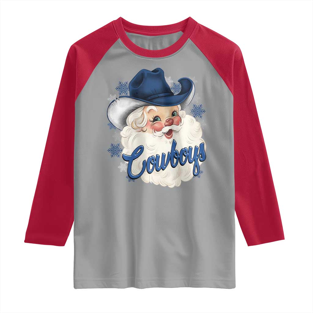 Christmas Cowboys Fan Raglan Shirt Funny Xmas American Football Blue Santa - Wonder Print Shop