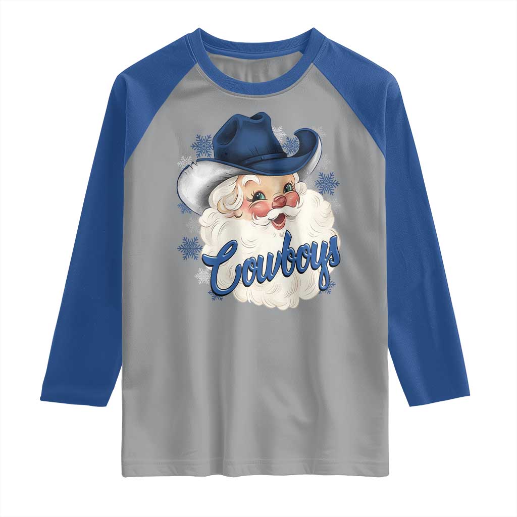 Christmas Cowboys Fan Raglan Shirt Funny Xmas American Football Blue Santa - Wonder Print Shop