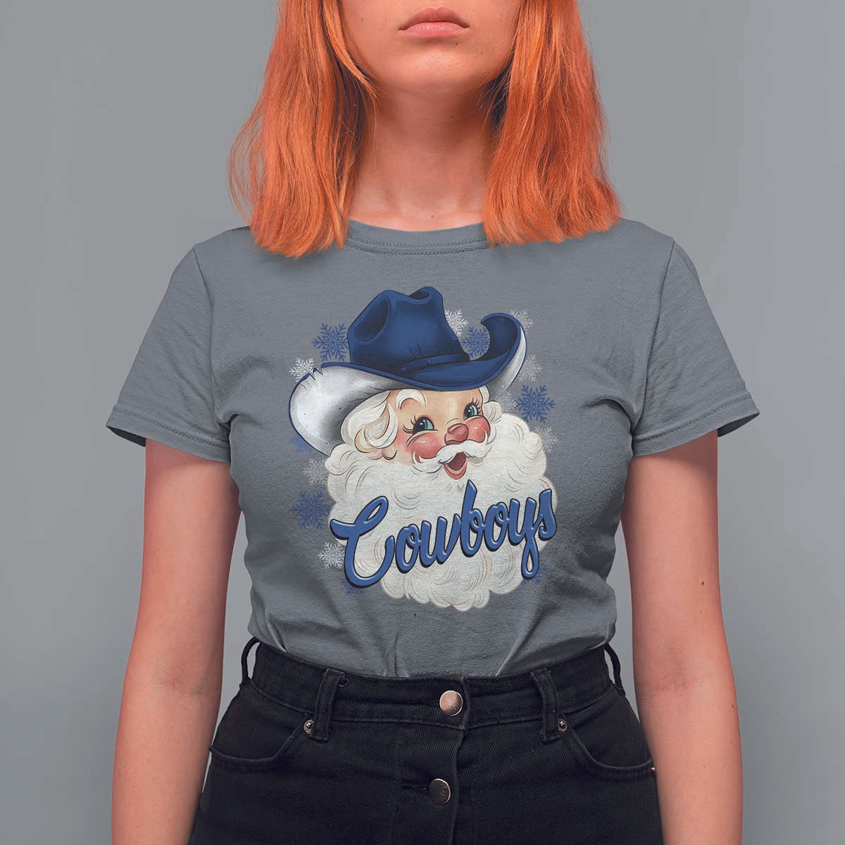 Christmas Cowboys Fan T Shirt For Women Funny Xmas American Football Blue Santa - Wonder Print Shop
