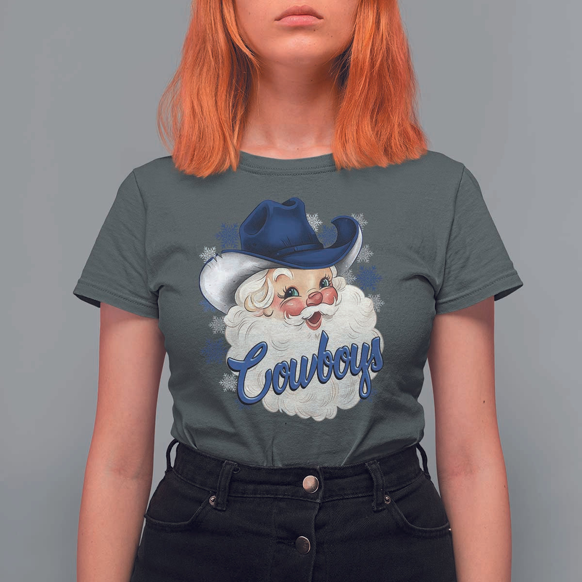 Christmas Cowboys Fan T Shirt For Women Funny Xmas American Football Blue Santa - Wonder Print Shop