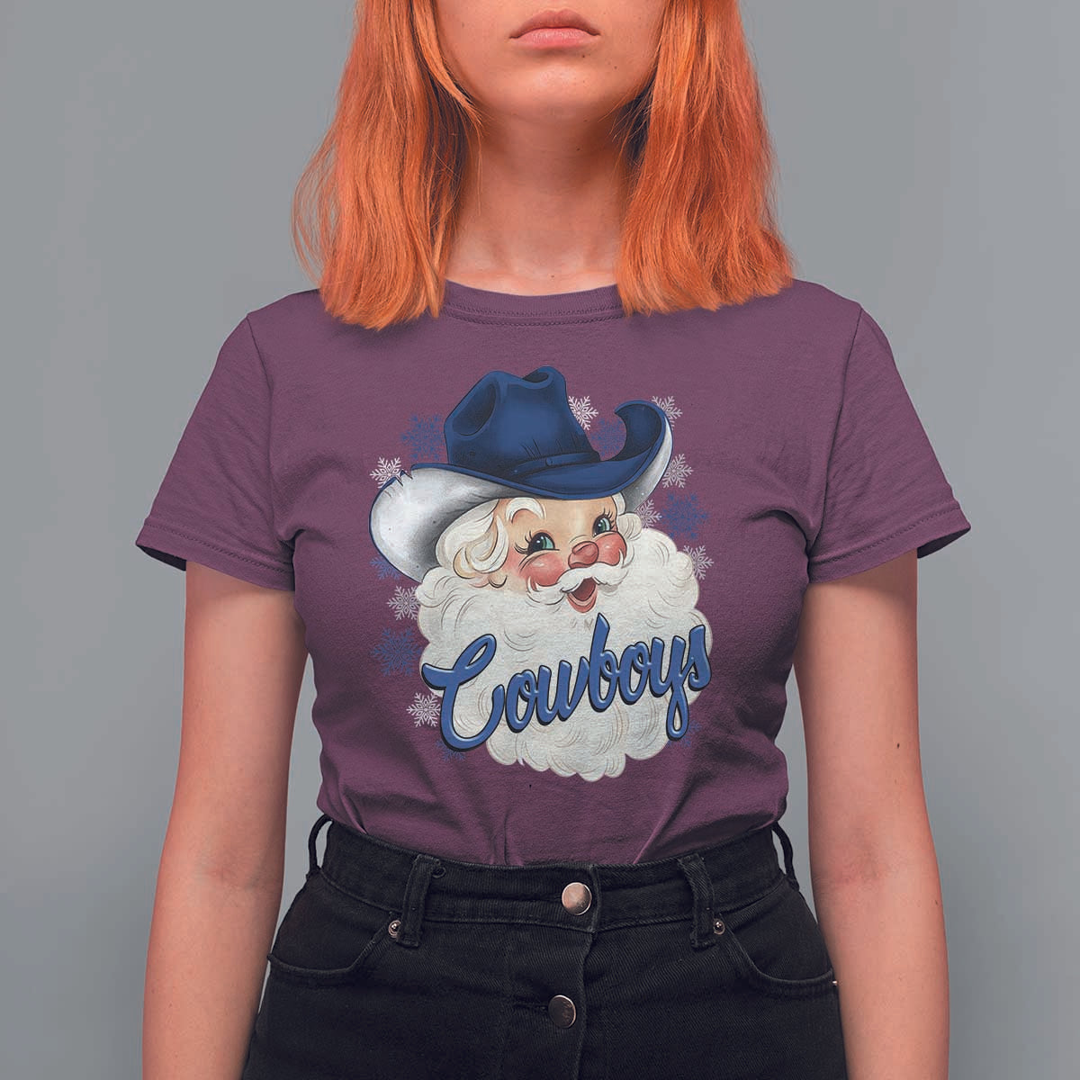 Christmas Cowboys Fan T Shirt For Women Funny Xmas American Football Blue Santa - Wonder Print Shop
