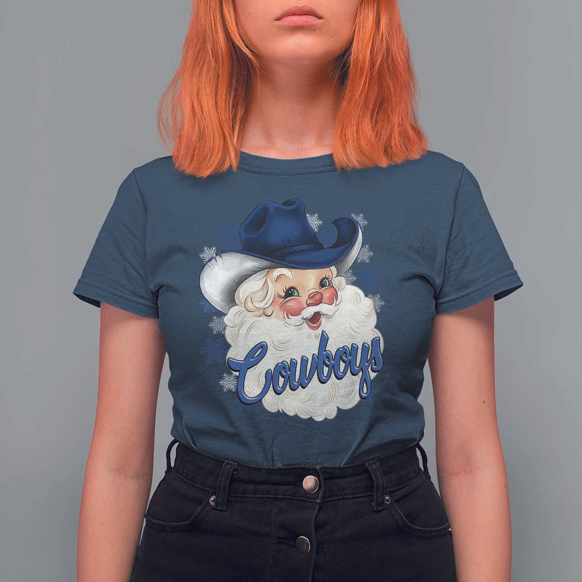 Christmas Cowboys Fan T Shirt For Women Funny Xmas American Football Blue Santa - Wonder Print Shop