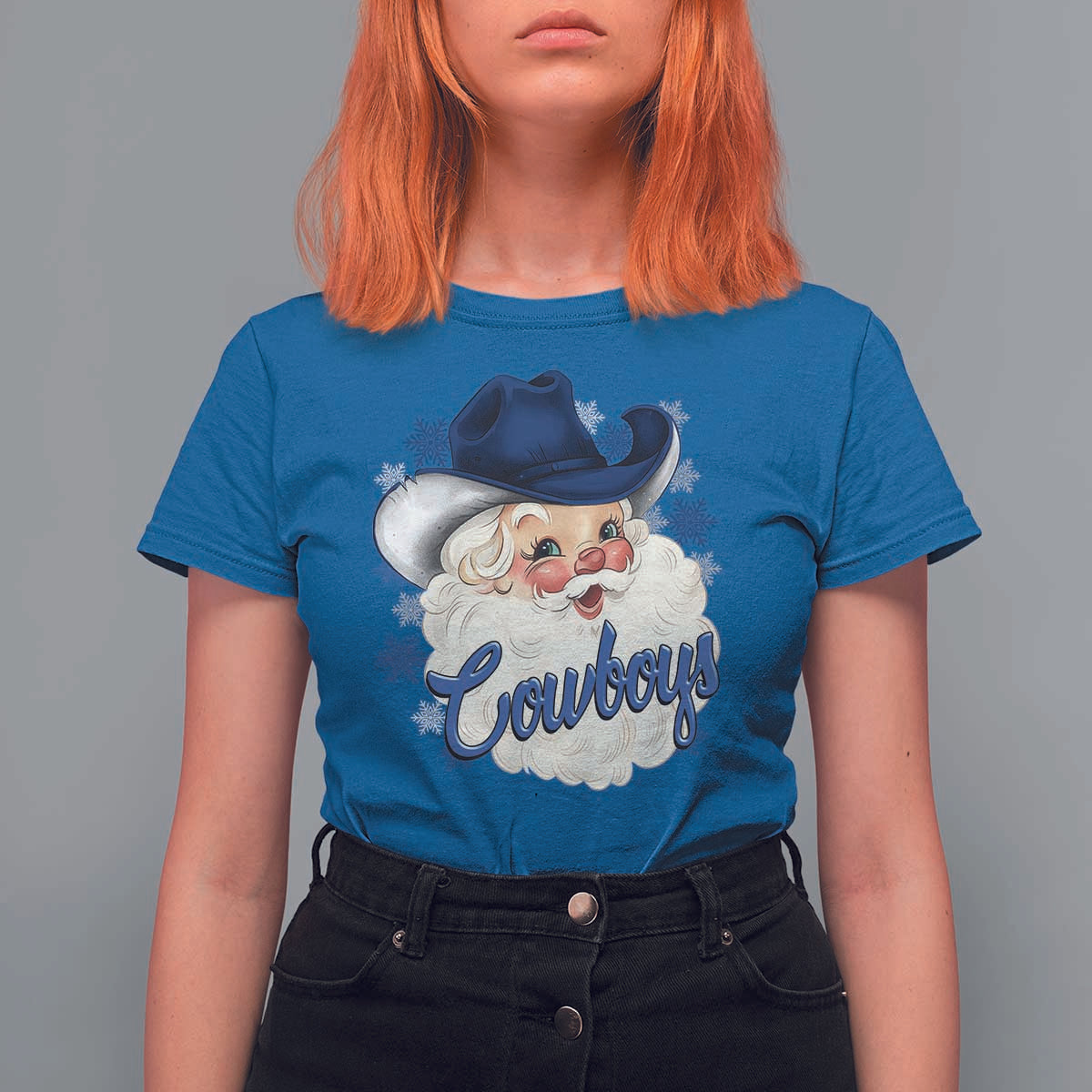 Christmas Cowboys Fan T Shirt For Women Funny Xmas American Football Blue Santa - Wonder Print Shop