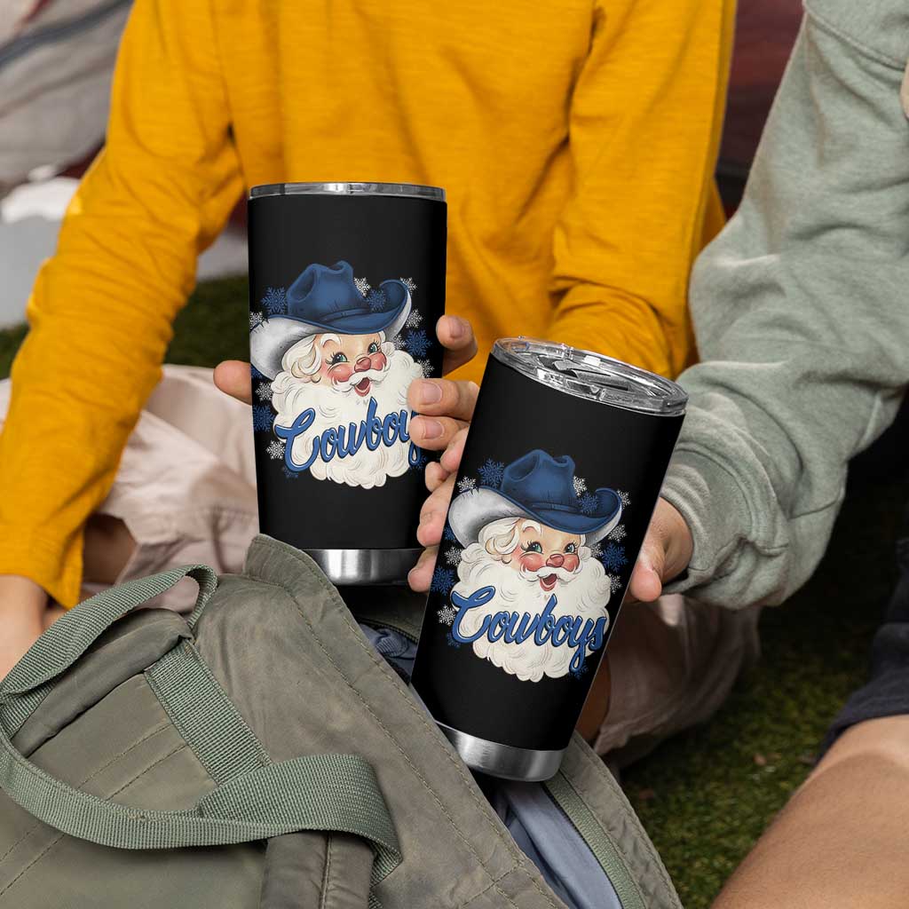 Christmas Cowboys Fan Tumbler Cup Funny Xmas American Football Blue Santa - Wonder Print Shop