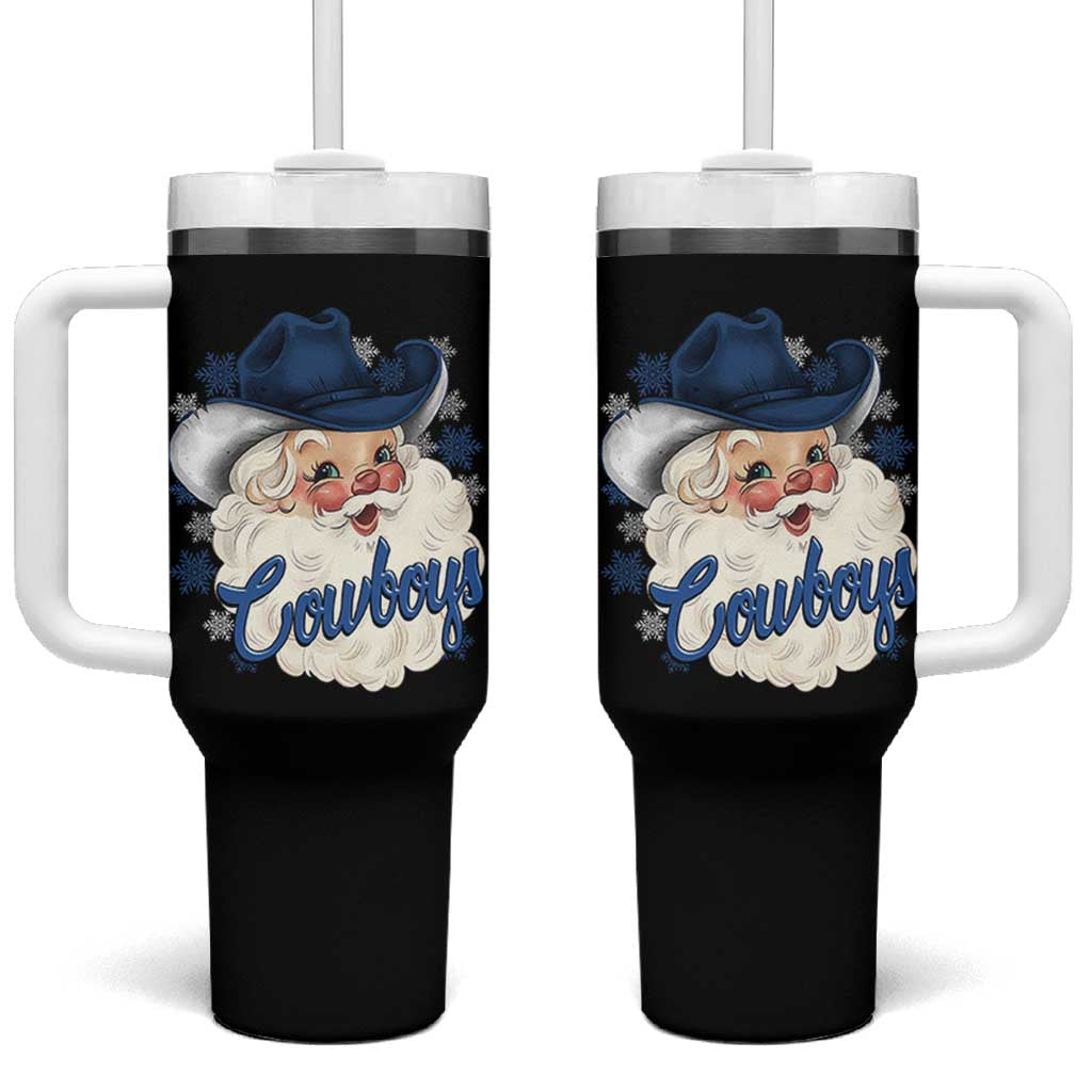 Christmas Cowboys Fan Tumbler With Handle Funny Xmas American Football Blue Santa - Wonder Print Shop