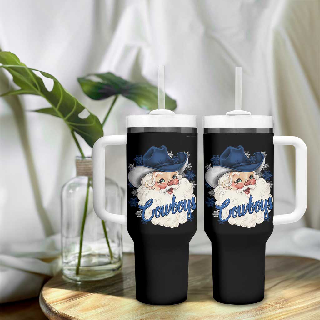 Christmas Cowboys Fan Tumbler With Handle Funny Xmas American Football Blue Santa - Wonder Print Shop