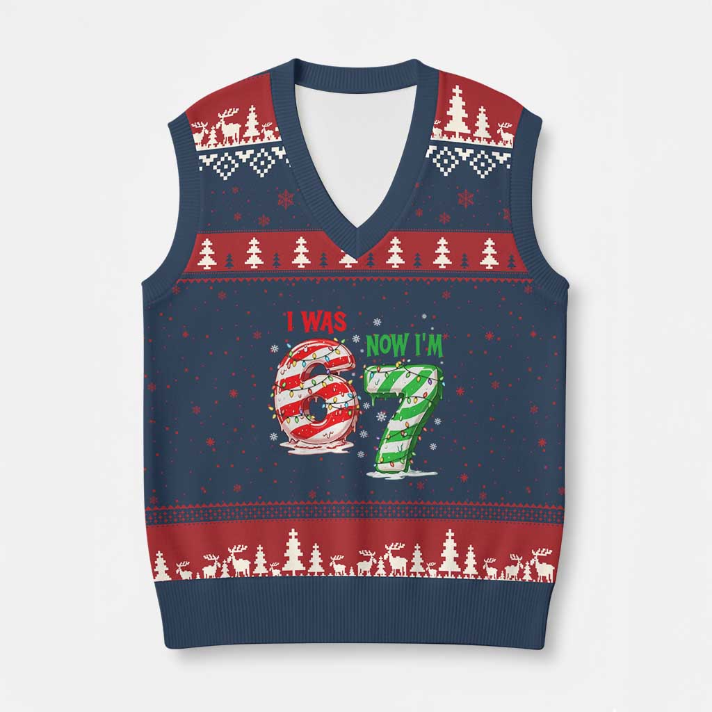 Funny 67 Meme 7 Year Old Birthday Xmas V-Neck Knit Sweater Vest I Was 6 Now I Am 7 Brainrot - Wonder Print Shop