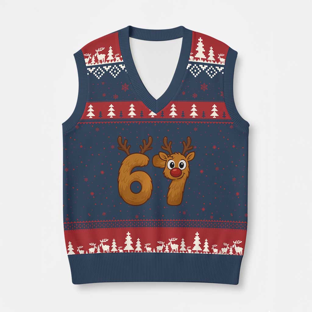 Funny 67 Xmas Reindeer V-Neck Knit Sweater Vest Six Seven Meme Xmas Holiday - Wonder Print Shop