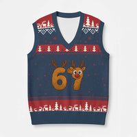 Funny 67 Xmas Reindeer V-Neck Knit Sweater Vest Six Seven Meme Xmas Holiday - Wonder Print Shop